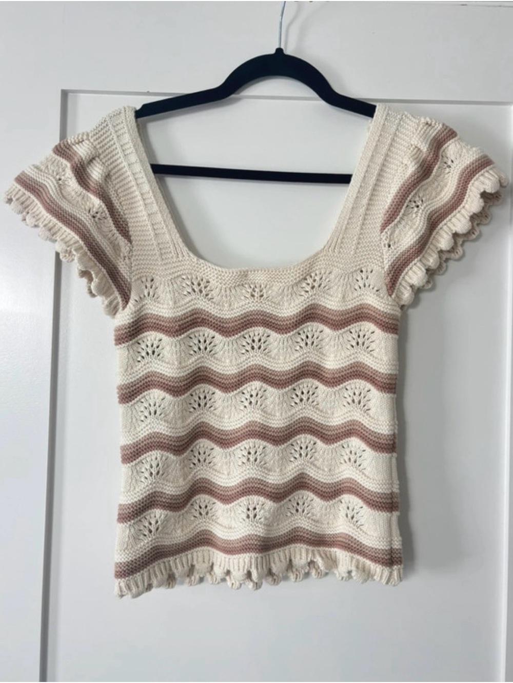 Jessica Simpson Crochet Boho Top Cream Taupe Striped Fringe M
